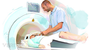MRI tech helping patient through MRI